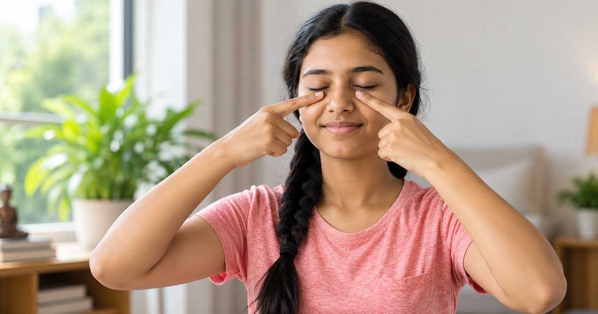 Young woman with eyes closed, gently pressing points beside her eyes with her index fingers