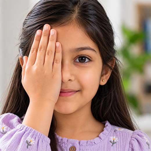 Smiling girl covering one eye with her hand