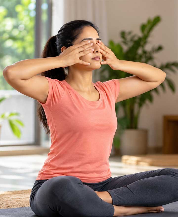 Woman seated on a yoga mat practising palming, resting her hands over her eyes