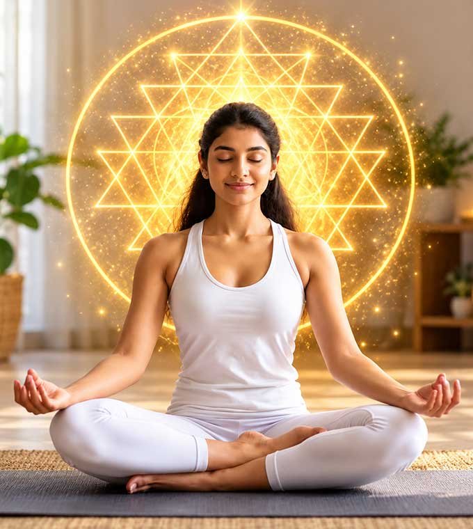 Woman meditating in front of a glowing Sri Chakra