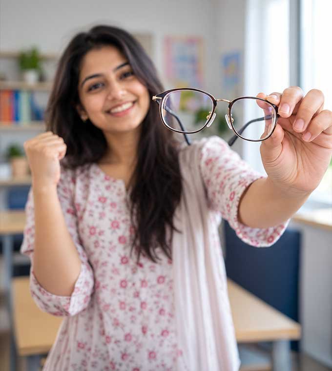Smiling young woman holding out a pair of glasses