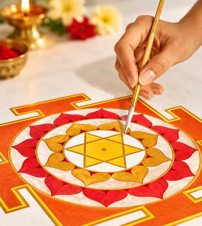 Hand painting a yantra with lotus petals and a six-pointed star, beside a brass oil lamp and flowers